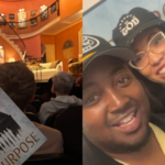 Left: hand holding a playbill with the title PURPOSE; Right: a man and woman smile holding a playbill that reads PURPOSE