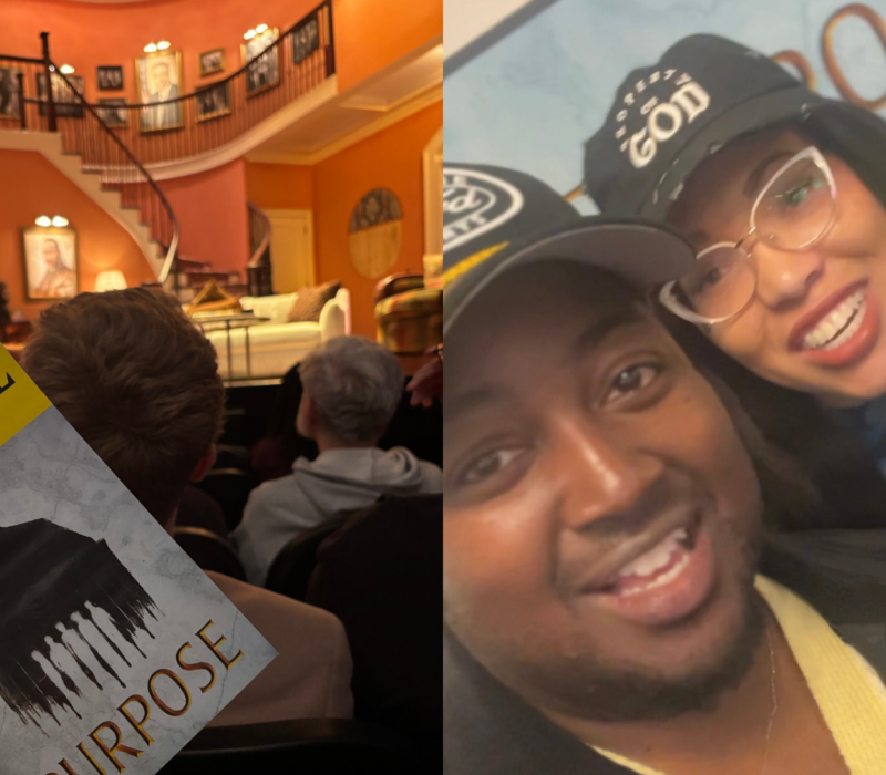 Left: hand holding a playbill with the title PURPOSE; Right: a man and woman smile holding a playbill that reads PURPOSE
