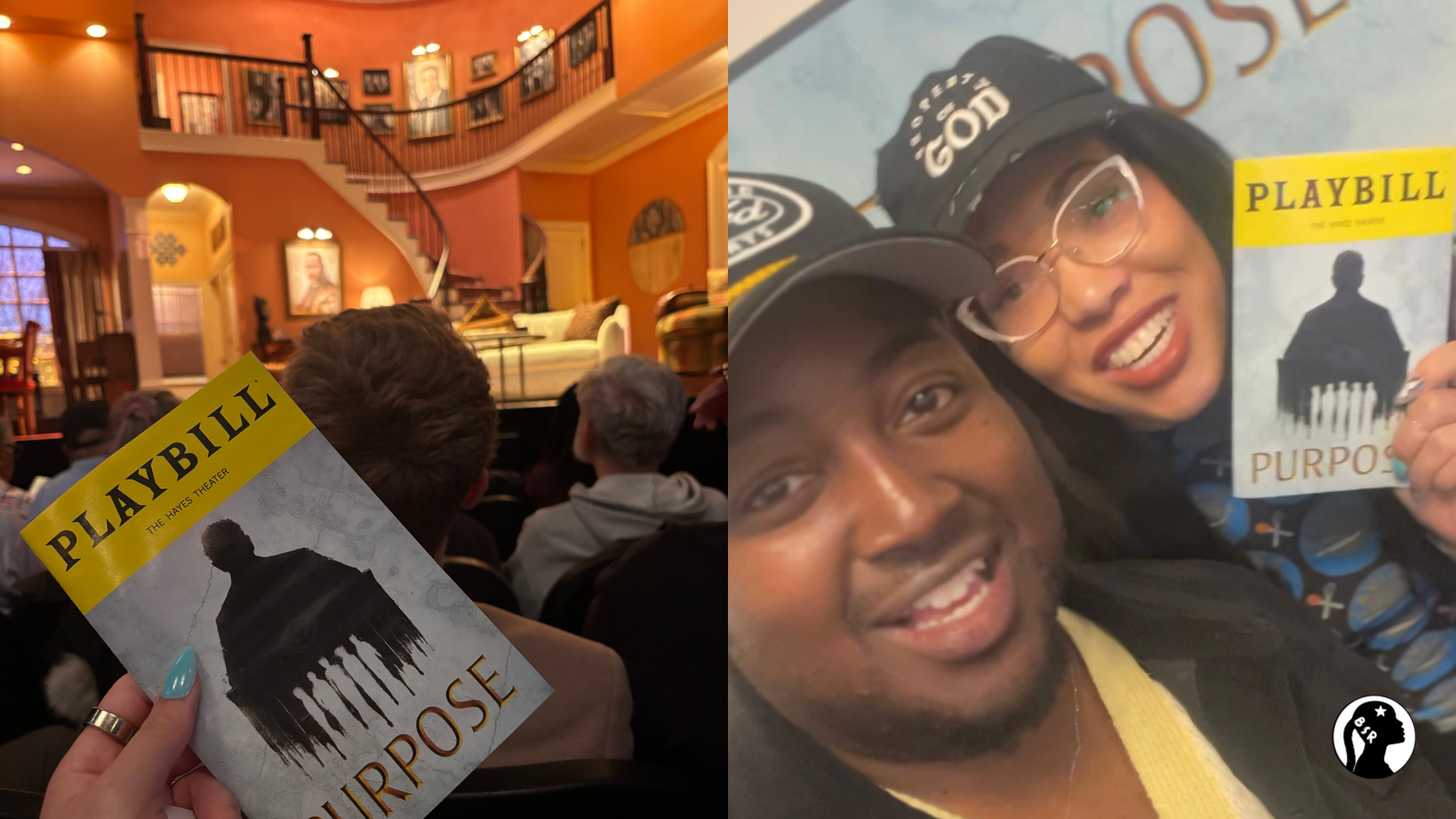 Left: hand holding a playbill with the title PURPOSE; Right: a man and woman smile holding a playbill that reads PURPOSE
