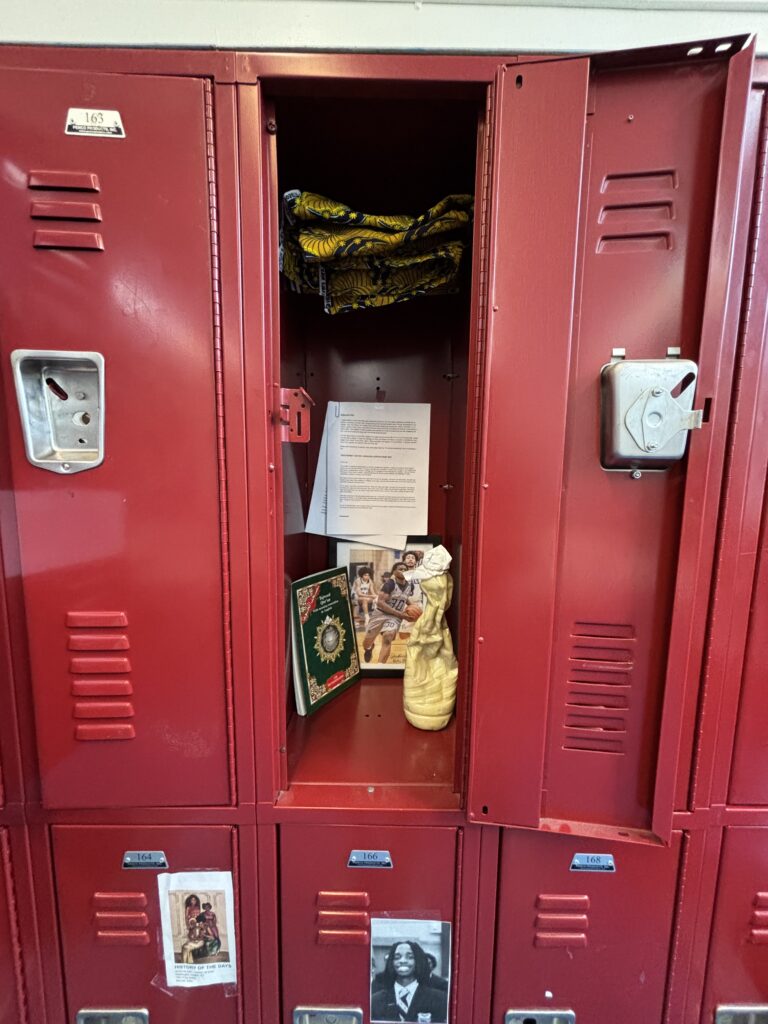 A red locker contains artifacts.