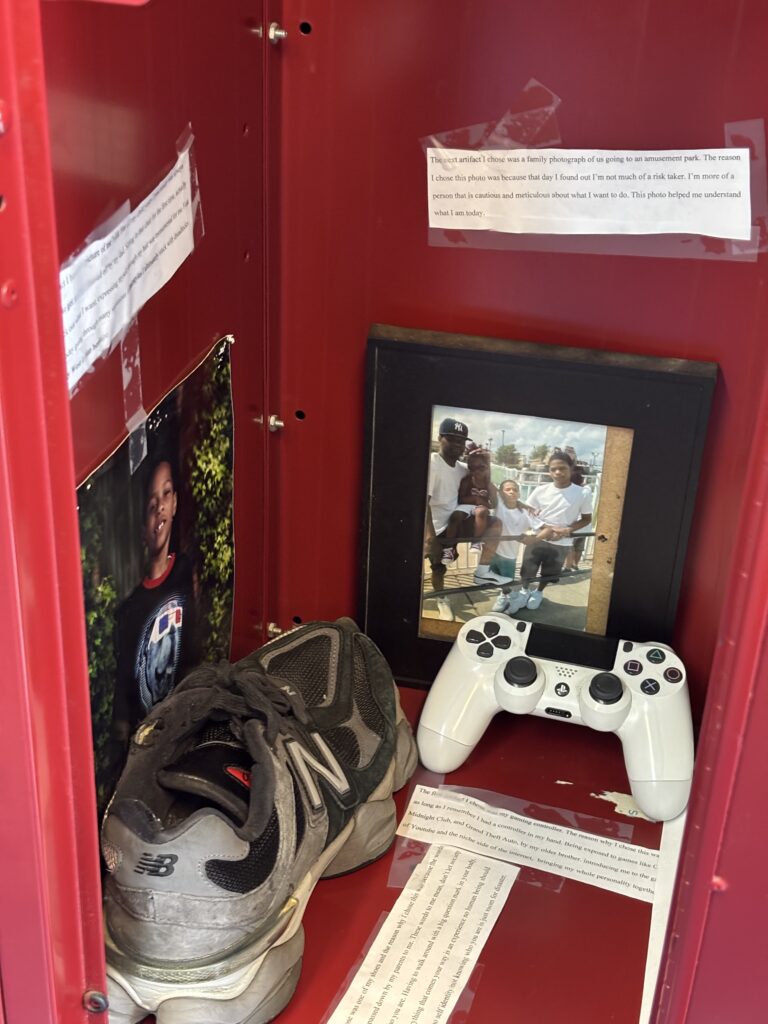 A red locker contains artifacts.