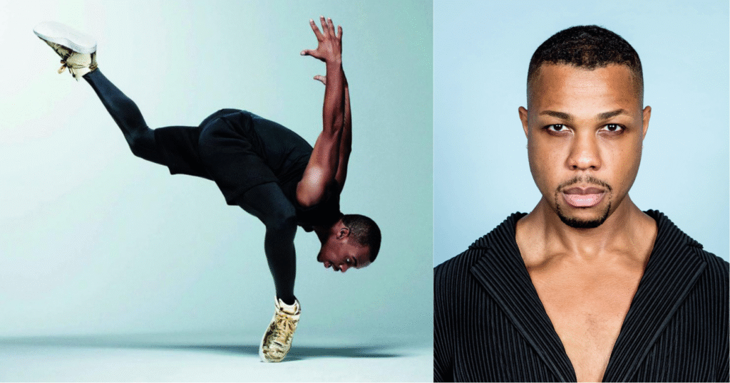 Two men are pictured against blue backgrounds. One is in a difficult dance pose. The other stares intently into the camera.