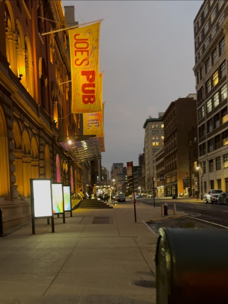 A photo of the sidewalk outside of Public Theater. A flag hangs on the side of the theater that reads "Joe's Pub"